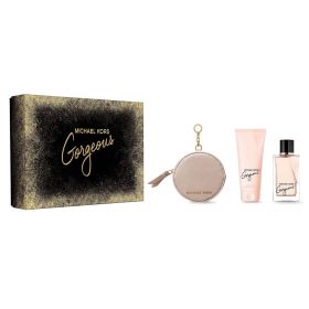 MICHAEL KORS GORGEOUS 3 PCS SET FOR WOMEN: 3.4 EAU DE PARFUM SPRAY + 3.4 BODY LOTION + ROUND PURSE