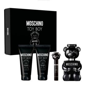 MOSCHINO TOY BOY 4 PCS SET: 3.4 EAU DE PARFUM SPRAY + 0.34 EAU DE PARFUM SPRAY + 3.4 AFTER SHAVE BALM + 3.4 SHOWER GEL