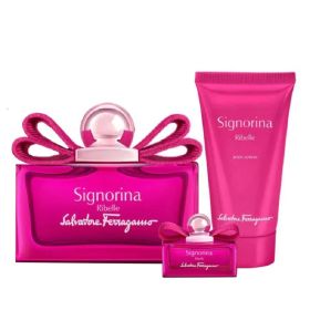 SALVATORE FERRAGAMO SIGNORINA RIBELLE 3 PCS SET FOR WOMEN: 3.4 EAU DE PARFUM SPRAY + 0.17 EAU DE PARFUM + 1.7 BODY LOTION.